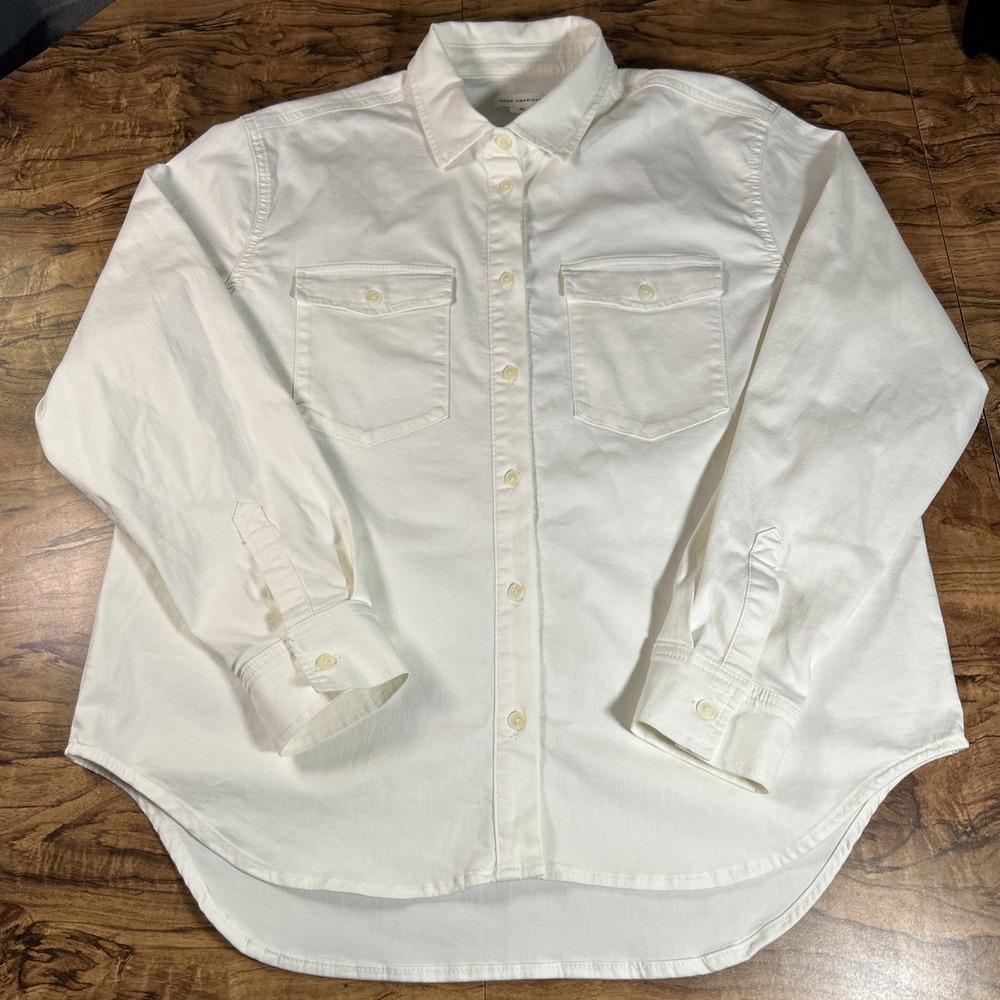 Good American Denim Fitted Shirt Women's XL Cloud White Button Down Stretch